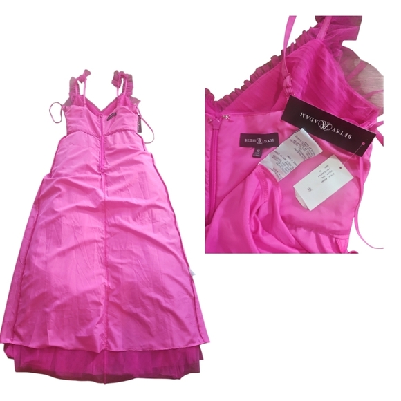 Betsy & Adam Long Ruffle Tier Mesh Deep V neckline Evening Prom Maxi Dress - Picture 10 of 10